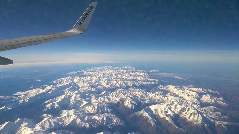 View of mountains from a plane window